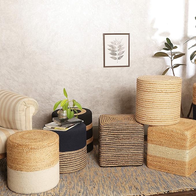 REDEARTH · Cylindrical Pouf Foot Stool Ottoman - Jute Braided Pouffe Poof Accent Sitting Footrest for The Living Room, Bedroom, Nursery, Patio, Lounge & Other Rooms (14.5”x14.5”x16”; Black Natural)