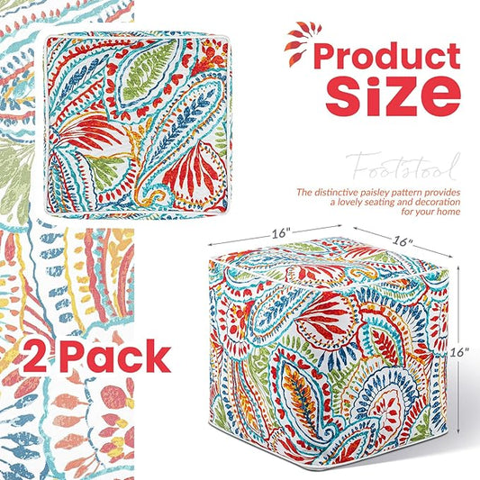 Juexica 2 Pack Ottoman Poufs Indoor Outdoor Inflatable Ottoman Stool Cube Pouffe Square Footstool with Handle for Patio Garden Home Boho Decorative Living Room, Bedroom(16 x 16 x 16 Inches)