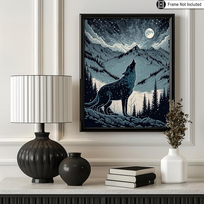 Poster Master Howling Wolf Poster - Moon Print - Mountain Art - Wolf & Moon Art - Gift for Men, Women & Animal Lover - Landscape Decor for Bedroom, Living Room or Kid's Room - 16x20 UNFRAMED Wall Art
