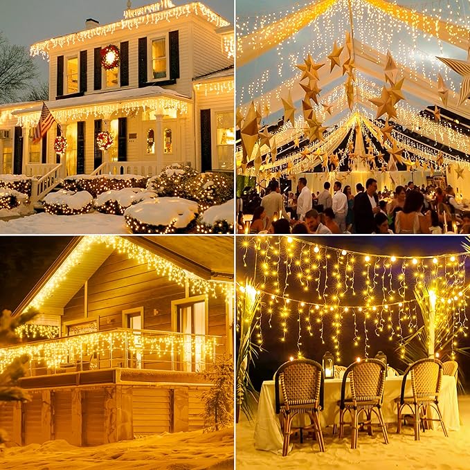 Hopolon 33FT 360L LED Christmas Icicle Lights Outdoor Waterproof,8 Modes Plug in Curtain String LIghts With 60 Drops,Christmas Lights for Wedding,Party,Bedroom,Home,Garden,Wall Decorations(Warm White)