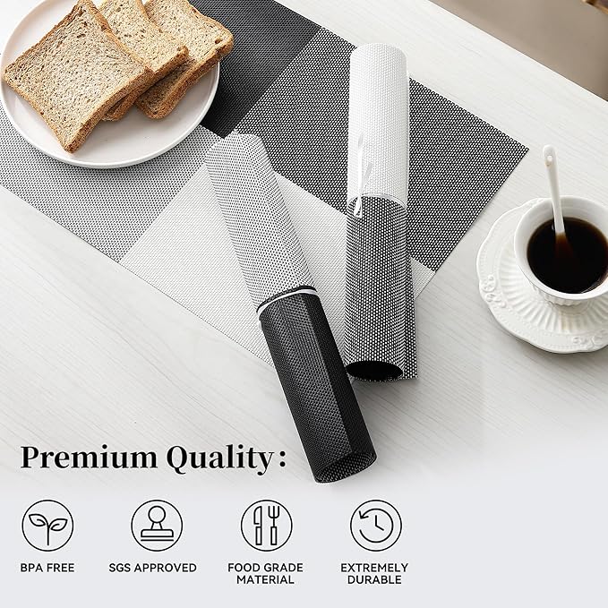 Leetaltree Gray with White Grid Pattern Placemats Set of 12 - Heat Resistant Non-Slip Place mats for Dining Table, Washable Durable PVC Vinyl Woven Table Mats（Grey Grid, 12）