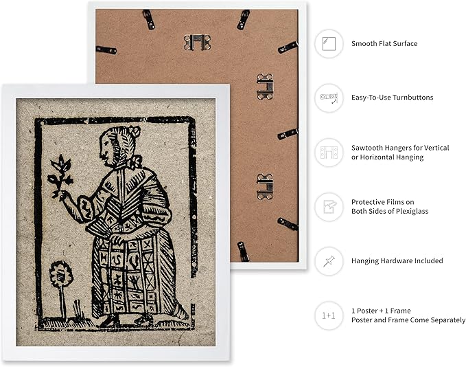 Poster Master Vintage Woodcut Poster - Retro Medieval Print - Gift for Gothic, Horror Fan - Witch Holding a Plant, Magic, Spell, Herbalist - Wall Decor for Bedroom, Dorm, 16x20 White Framed