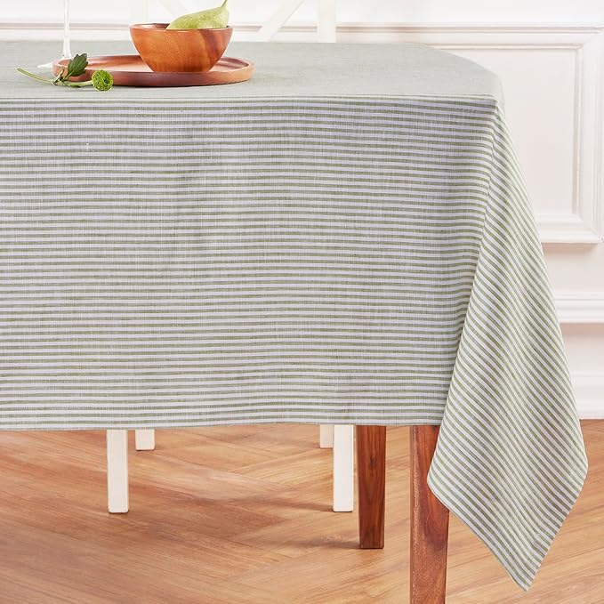 Solino Home Linen Striped Tablecloth 60 x 90 Inch - 100% Pure Linen Avocado and White Table Cloth for Rectangle Tables - Narrow Stripe, Machine Washable Tablecloth for Fall, Autumn, Thanksgiving