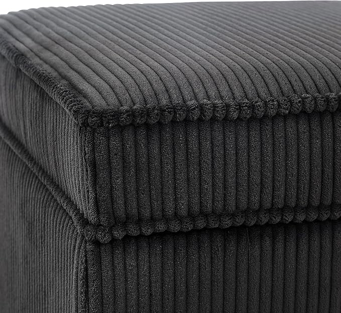 Adeco 17 Inch High Striped Flannel Black Cube Ottoman Storage, 3D Embossed Velvet Chair Foot Stools, Upholstered Vanity Stool with Hinged Lid, Solid Round Wood Legs