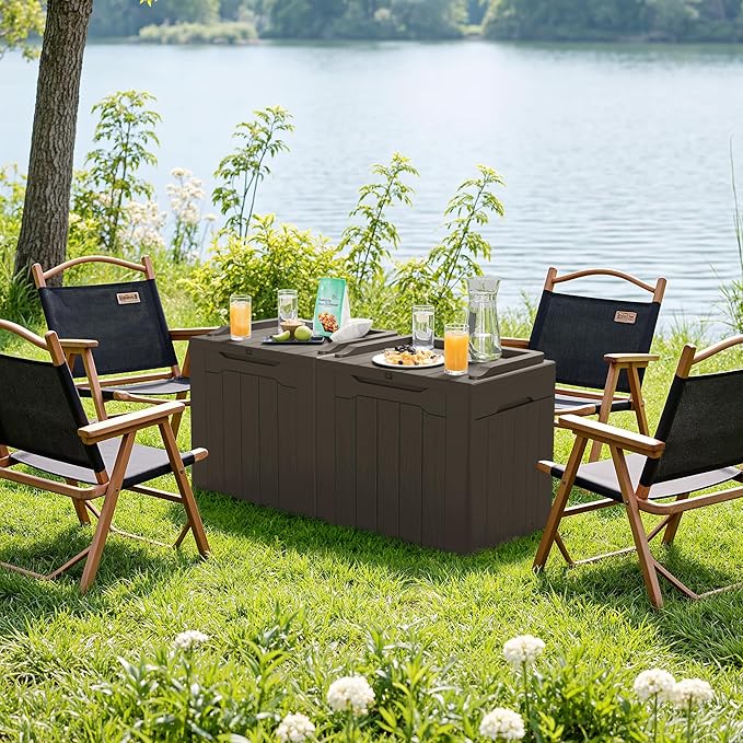 JUMMICO 31 Gallon Resin Deck Box Waterproof Indoor Outdoor Storage Boxes for Patio Furniture Cushions and Garden Tools (Brown, 31gallon-2 Packs)