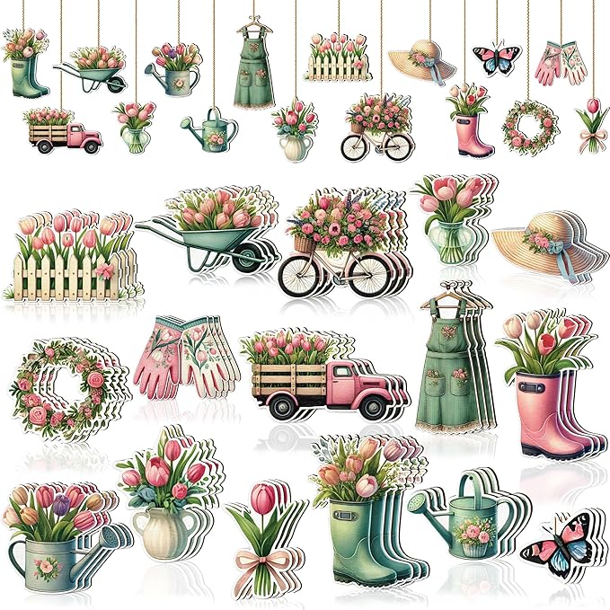 48PCS Spring Decor Wooden Flowers Ornaments Hanging Tulips Signs Decorations for Home Small Tree Party