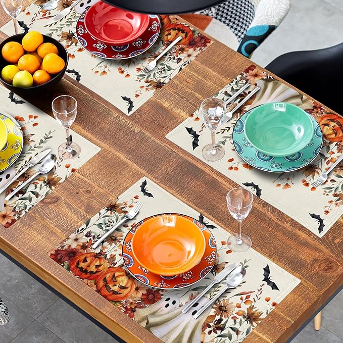 Halloween Placemats Set of 4 Vintage Wildflower Pumpkin Ghost Bat Place Mats 12x18 Inch Rustic Retro Spooky Washable Table Mats for Party Kitchen Dining Decoration