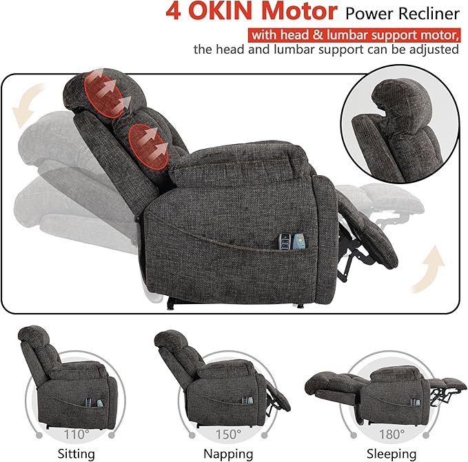 4 OKIN Motor Power Lift Recliner Chair for Elderly Adults Extra Large Lay Flat Recliners with Massage Heat, Adjustable Head-Back-Lumbar-Leg-Support, Extended Footrest, 2 Cup Holders