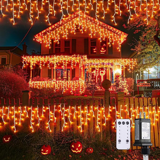 JMEXSUSS Orange Halloween Lights Outdoor, 800 LED Orange Icicle Lights Outdoor Waterproof, 8 Modes String Light Plug in for Fireplace Tree Garden Patio Thanksgiving Fall Halloween Decor
