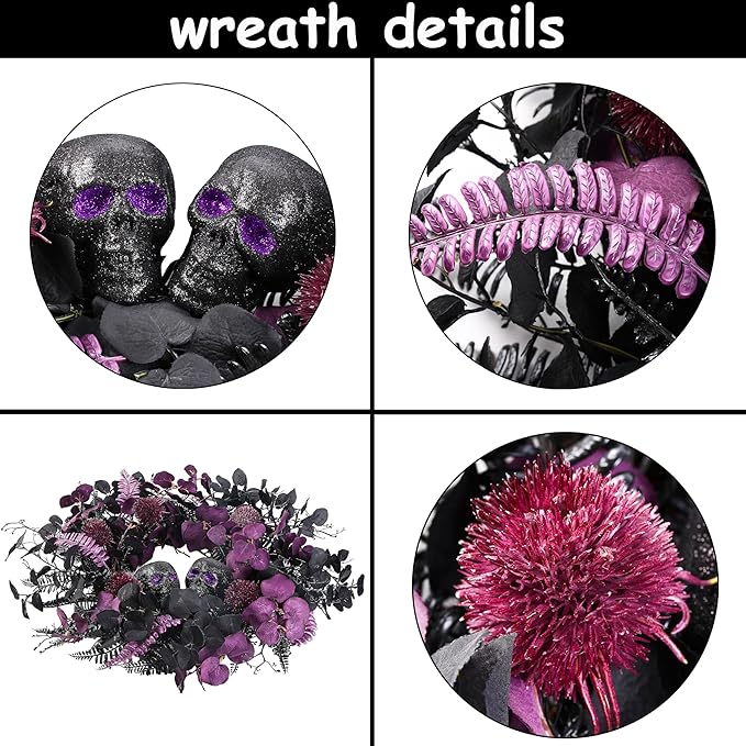 20" Halloween Wreaths for Front Door, Black Glitter Skulls Purple Eucalyptus Leaves Halloween Horror Decor, Gothic Party Room Decoration