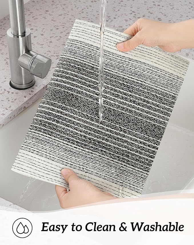 Leetaltree Black with White Woven Placemats Set of 8 - Heat Resistant Non-Slip Place mats for Dining Table, Washable Durable PVC Vinyl Woven Table Mats(Black with White, 8)