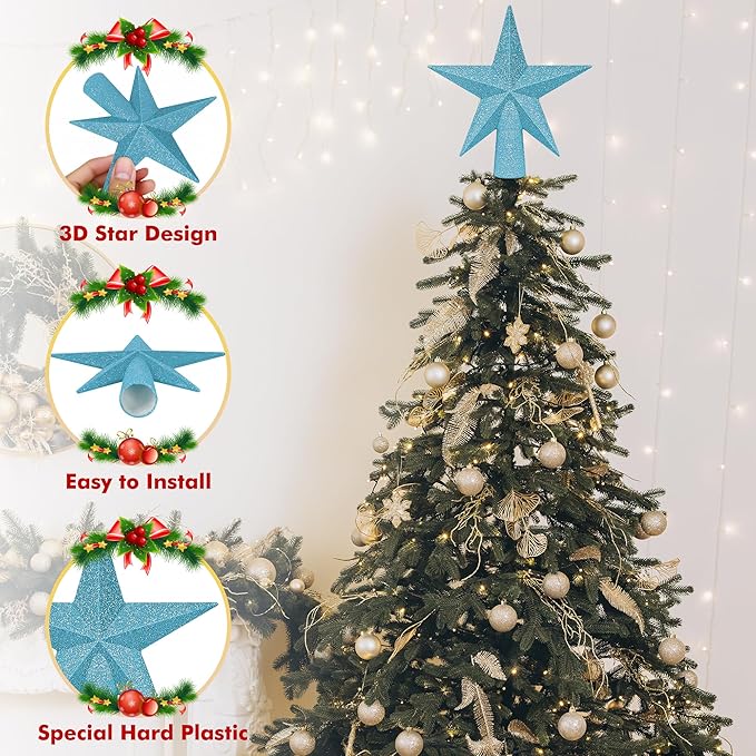 Christmas Tree Topper, Blue 6" 3D Star Tree Topper Decorations, Christmas Tree Topper Bethlehem Star Ornament, Glitter Waterproof Shatterproof Xmas Tree Decor for Holiday Xmas Home Indoor Outdoor