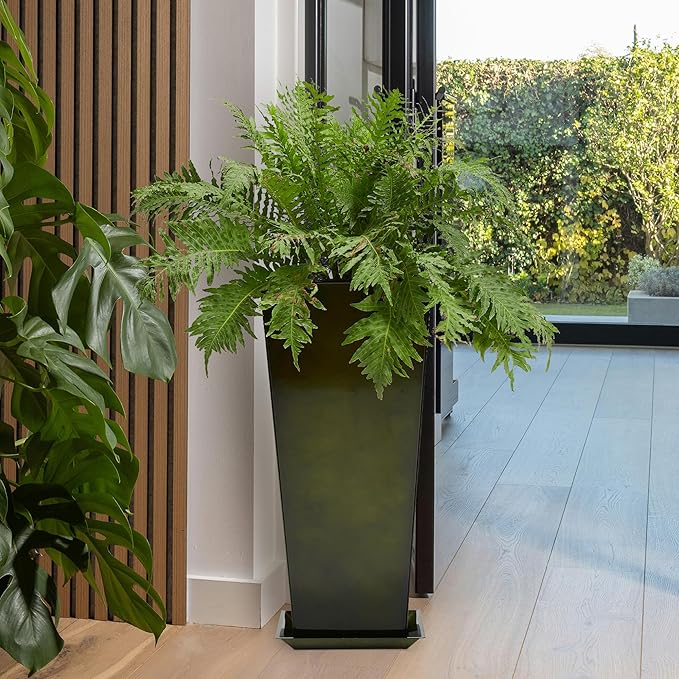 WORTH Garden 25" Large Metal Glazed Planter Set of 2, Luxurious Glossy Finish Green Tall Square Tapered Steel Plant Pots, Decor Flower Pot Indoor & Outdoor, Drainage Hole & Dual-Purpose Plant Saucer