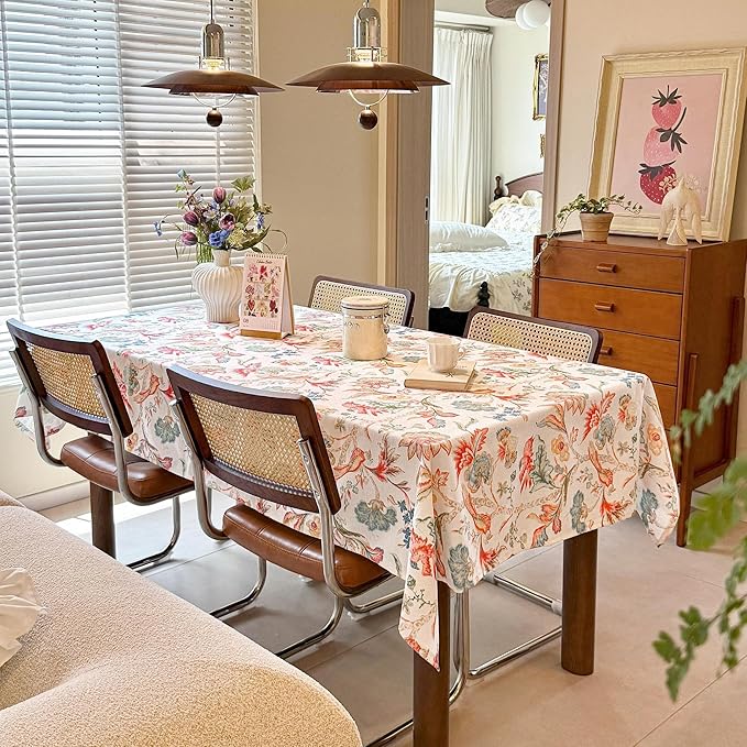 Outdoor Rectangle Tablecloth Linen Textured Waterproof Spillproof Table Cloth, Wrinkle Free Decorative Fabric Table Cover for Farmhouse, Dining, Wedding, Party - 54"x72", Flowers and Birds