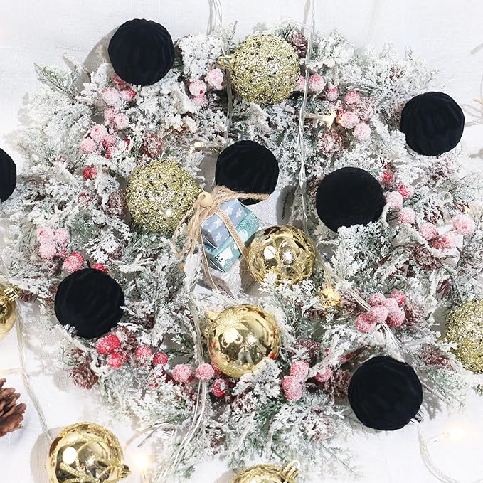 2.36In Velvet Christmas Ball Ornaments, 25PCS Black/Gold Flocked Christmas Tree Hanging Decorations, for Home Holiday Wedding Indoor Xmas Party Decor.