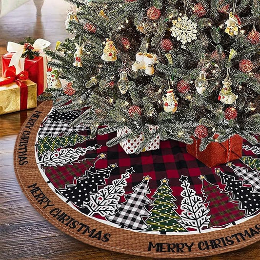 Christmas Tree Skirt 36 Inch, Red and Black Buffalo Plaid Xmas Tree Skirts, Winter Christmas Trees Mat for Home Party Holiday Indoor Outdoor Decorations
