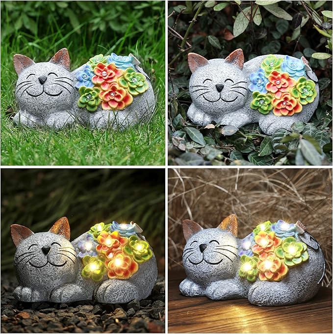 Otdair Solar Garden Decor Cat, Cat Lover Gifts with Succulent and 7 LED Lights for Outside,Outdoor Solar Lights for Yard, Garden and Patio, Unique Gift for Women