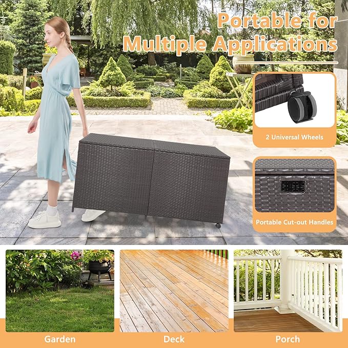 HAPPYGRILL 175 Gallon Outdoor Rattan Deck Box, Wicker Storage Bin with Zippered Liner & 2 Universal Wheels, Safe Pneumatic Rod, Patio Rattan Storage Container for Cushions Pillows