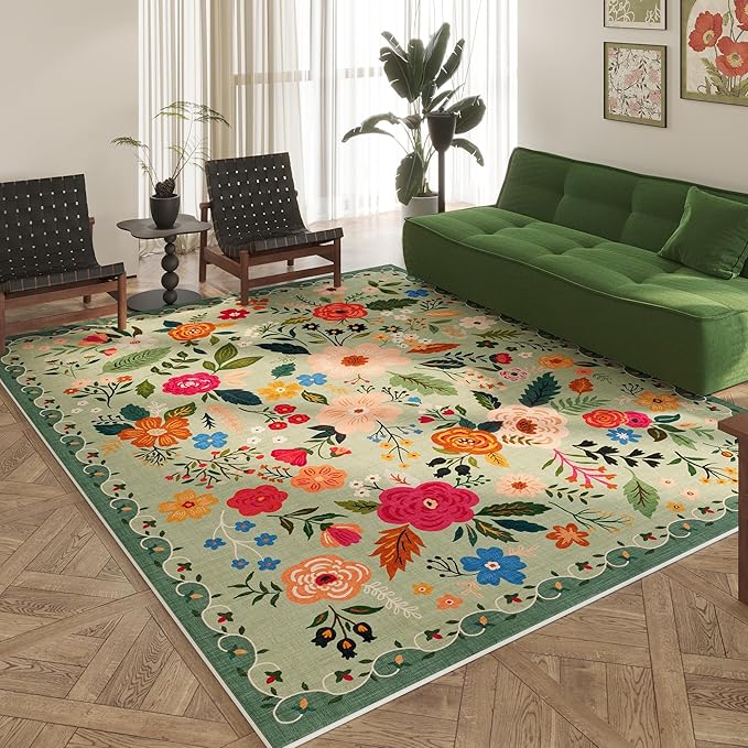 Living Room Rug 6x9 Rug Machine Washable Boho Area Rug Non Slip Floral Vintage Low Pile Large Rug for Living Room, Bedroom, Farmhouse, Dining Room, Kids Playroom(Green)