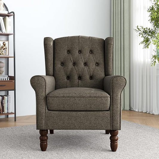 Lumibee High Back Accent Chair,Upholstered Wingback Armchair with Solid Wood Legs for Small Spaces,Comfy Single Sofa Chair for Living Room,Bedroom,Office-Taupe