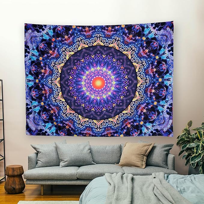 OSVINO Blacklight Trippy Mandala Tapestry 79"x59" UV Reactive Fantasy Tapestry Aesthetic Wall Decor for Living Room Bedroom Boho Wall Hanging