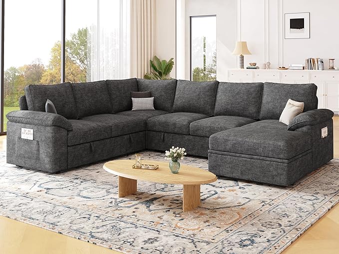 108 Inch Sectional Sleeper Sofa with Pull Out Bed,U Shaped 7 Seat Modular Sectional Sofa with Storage,Sectional Couches for Living Room,Cloud Modular Couch,Removable Sofa Cover,Dark Grey