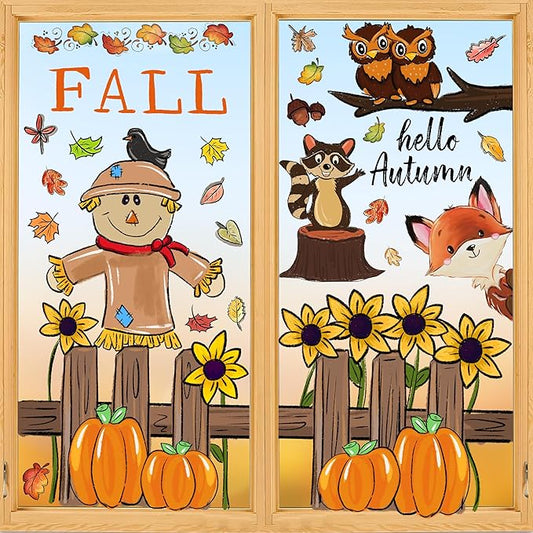 6 Sheets Fall Window Clings Fall Watercolor Pumpkin Maple Leaves Scarecrow Owl Sunflower Window Stickers for Autumn Thanksgiving Harvest Home Window Decals Decor