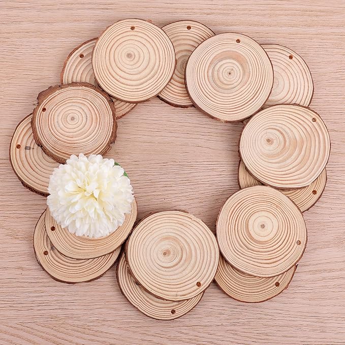 36 Pack Nature Wood Slices for Crafts,2.8-3.1In Unfinished Natural Wood Rounds.Wood Circles Predrilled with Hole and 20m Rope for Wooden Craft Supplies,Painting,Christmas Ornaments,DIY Gifts