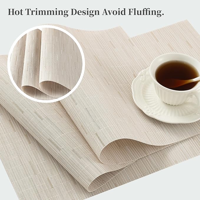 Leetaltree Pale Beige Placemats Set of 12 - Heat Resistant Non-Slip Place mats for Dining Table, Washable Durable PVC Vinyl Woven Table Mats（Pale Beige, 12）