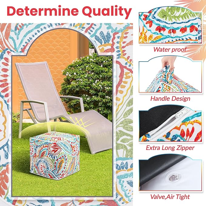 Juexica 1 Pack Ottoman Poufs Indoor Outdoor Inflatable Ottoman Stool Cube Pouffe Square Footstool with Handle for Patio Garden Home Boho Decorative Living Room, Bedroom (16 x 16 x 16 Inches)