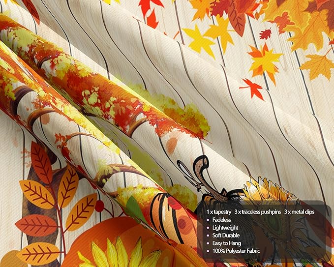 QGHOT Fall Tapestry Wall Hanging Autumn Photo Backdrop Rustic Orange Wood Tapestry Tree Maple Leaf Pumpkin Nature Landscape Country Tapestries for Bedroom Room Thanksgiving Decor (59.1"x51.2")