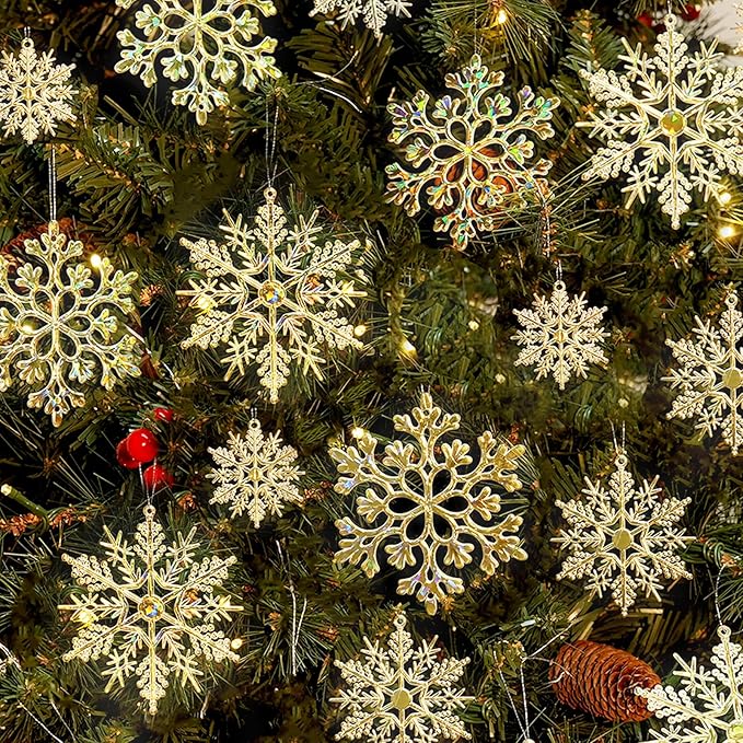 36pcs Gold Shine Christmas Snowflake Ornaments, Plastic Glitter Hanging Snow Flakes for Christmas Tree Decorations Winter Wonderland Frozen Birthday Party Holiday Home Decor