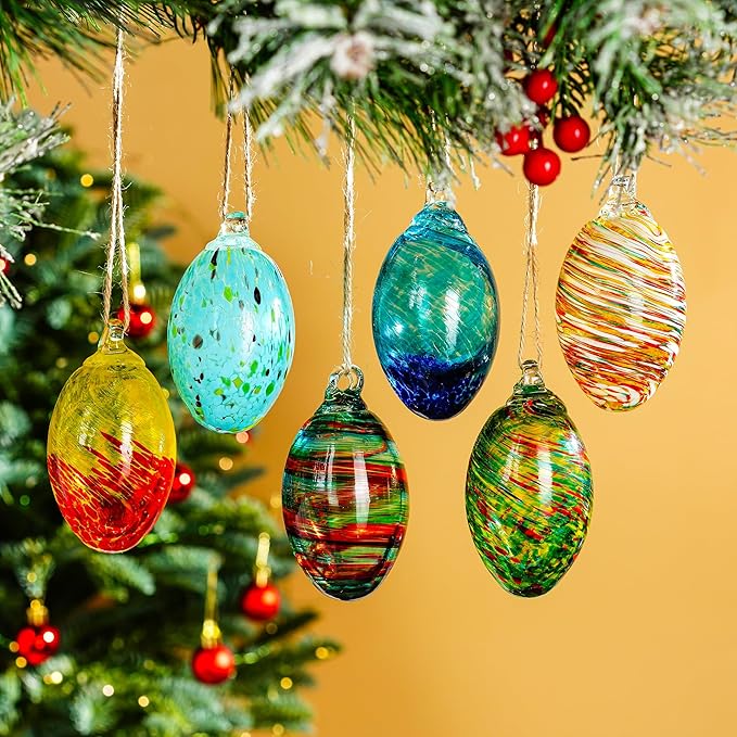 Set of 6 Hand Blown Glass Egg Ornaments Hanging Gazing Ball Witches Ball Friendship Decor for Home Outdoor Wedding Party