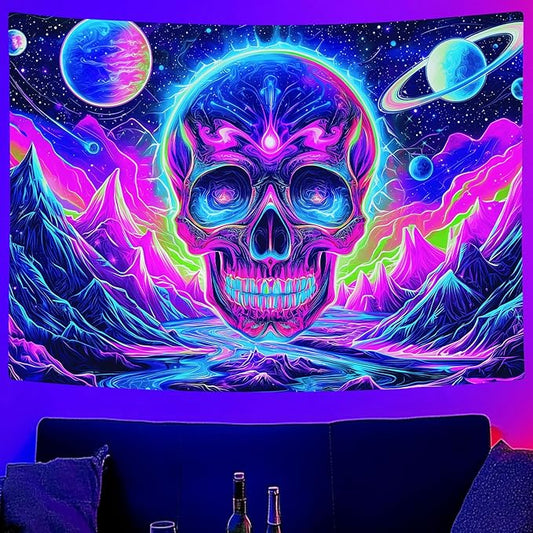 Blacklight Skull Tapestry, UV Reactive Gothic Skeleton Mountain Galaxy Planet Wall Hanging Tapestries, Glow in the Dark Horror Face Halloween Aesthetic Poster for Bedroom Living Room Decor 60X40IN