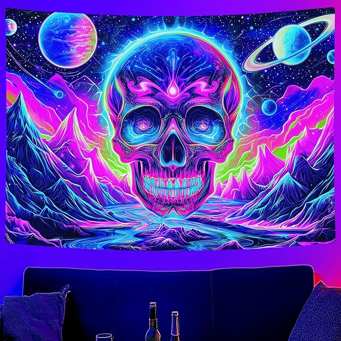 Blacklight Skull Tapestry, UV Reactive Gothic Skeleton Mountain Galaxy Planet Wall Hanging Tapestries, Glow in the Dark Horror Face Halloween Aesthetic Poster for Bedroom Living Room Decor 80X60IN