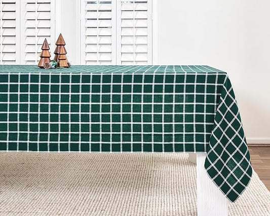 Solino Home Linen Tablecloth 60 x 120 Inch - 100% Pure Linen Windowpane Dark Green Table Cloth for Rectangle Tables - Machine Washable Tablecloth