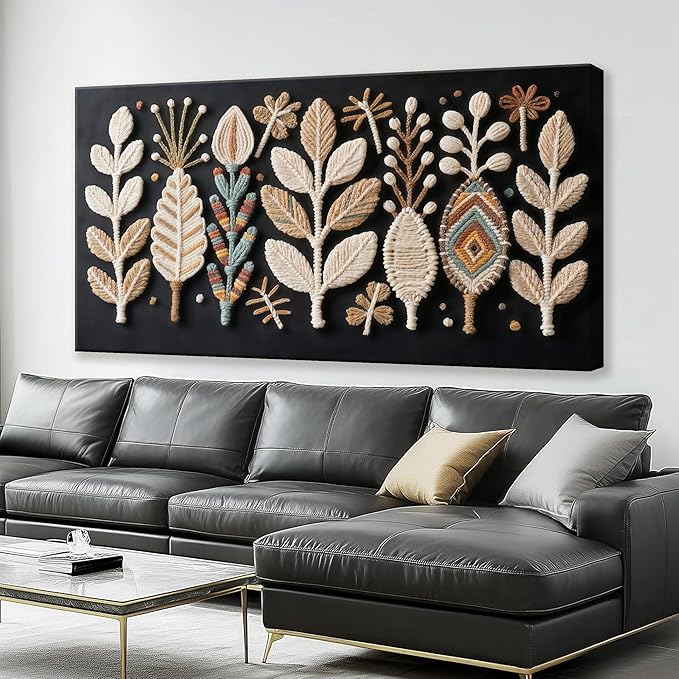 Tsomzxng Large Boho Black Wall Art For Living Room Chic Home Wall Art Modern Multicolor Leaves Feather Canvas Wall Art Decor Picture For Bedroom Apartment Kitchen Home Wall Decor 29" W X 58" L
