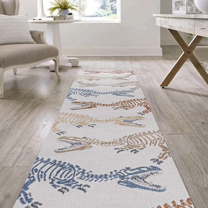 JONATHAN Y Machine-Washable Cream/Multi Runner Rug, 2x8, Kingdarr T-Rex Modern, Casual, Kids & Novelty for Living Room, Dining Room, Bedroom, Kitchen Easy-Cleaning, Non-Shedding (KDW103A-28)