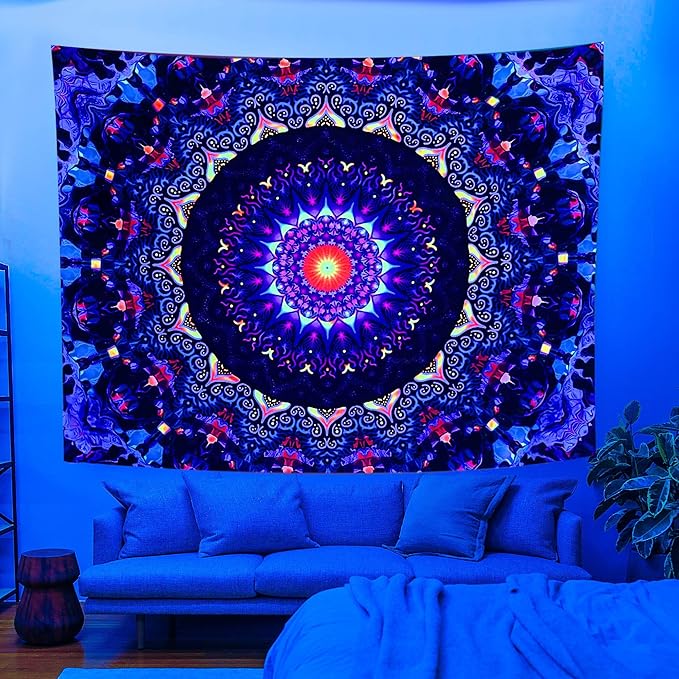 OSVINO Blacklight Trippy Mandala Tapestry 90"x70" UV Reactive Fantasy Tapestry Aesthetic Wall Decor for Living Room Bedroom Boho Wall Hanging