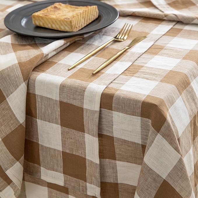EVERLY 100% Yarn-Dyed Linen Rectangle Tablecloths 60x84Inches for Dining,Buffet Parties,Picnic,Events and Restaurants,Decorative Halloween,Thanksgiving Machine Washable Tablecloths-Brown Plaid