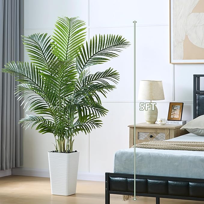 Artificial Palm Tree 5FT - Tall Fake Tree with White Taper Planter & Pebbles, UV Resistant for Indoor & Outdoor, Large Potted Faux Plant, Tropical Areca Floor Plant for Living Room, Office, Home Decor