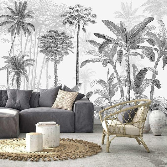 AFZEVEB-Black and White Jungle Wallpaper Hand-Painted Tree Wall murals for Bedroom 114"x74" (Not Peel and Stick)