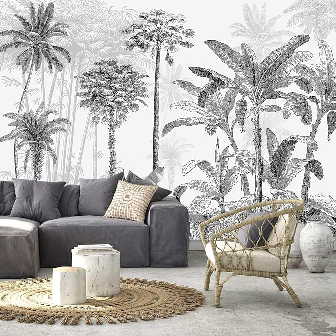 AFZEVEB-Black and White Jungle Wallpaper Hand-Painted Tree Wall murals for Bedroom 136"x96" (Not Peel and Stick)