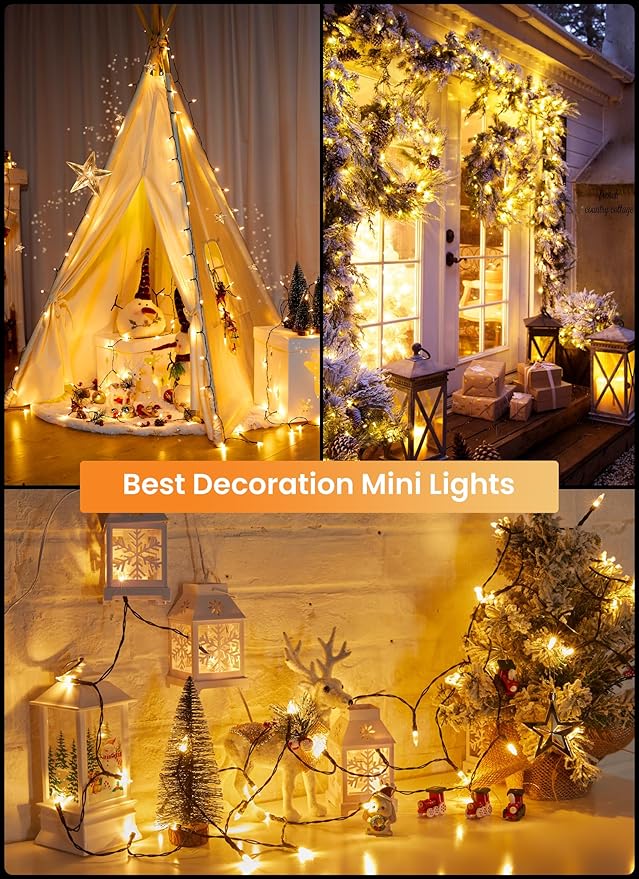 Brightown LED Christmas Mini Lights, 39Feet 100 LED Clear Bulbs String Lights with 8 Light Modes, Connectable Fairy Lights Plug in for Outdoor Xmas Trees Garland Wreath Holiday Decorations, Warm White