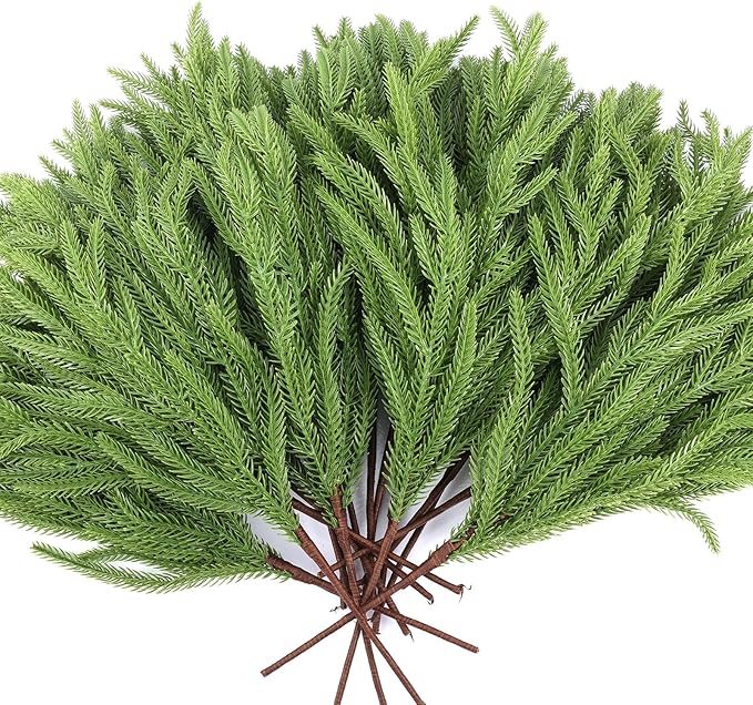 12 Pcs Artificial Norfolk Pine Branches, Norfolk Pine Artificial Pine Stems DIY Crafts Faux Christmas Greenary Norfolk Pine Branches for Xmas Wreath Garland Home Decor (12)