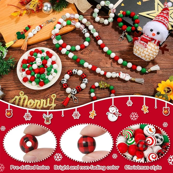 217 PCS Christmas Silicone Beads Bulk, 15mm Silicone Beads Xmas Christmas Wooden Beads Candy Cane Wood Beads Loose Rubber Beads Abacus Focal Beads for Keychain Necklace Making Pens Crafts Ornament