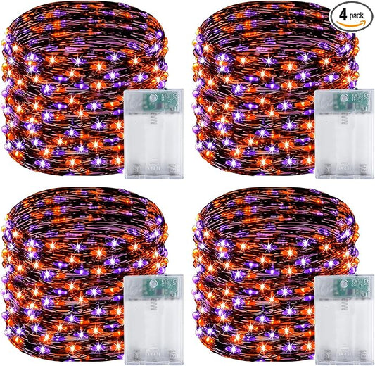 4 Pack 60LED Orange & Purple Fairy Lights Battery Operated with Timer, 20FT Waterproof Halloween Lights Outdoor Indoor, Black Wire String Lights for Bedroom, Party, Centerpiece, Halloween Decorations