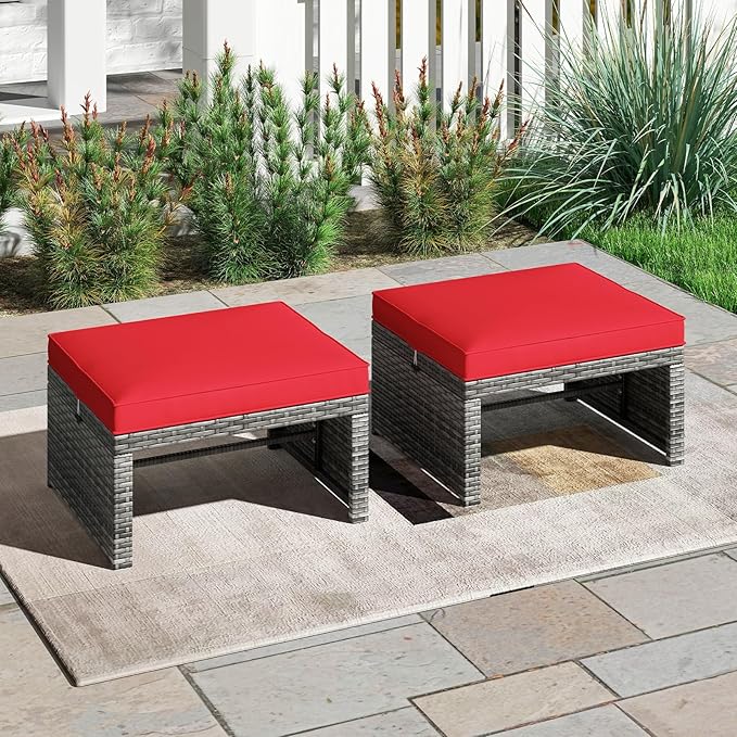 Tangkula 2 Pieces Patio PE Rattan Ottomans, Multipurpose Outdoor Footstool Footrest Additional Seating Side Table with Soft Zippered Cushions for Deck, Garden, and Yard (Red)