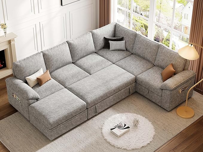 108 Inch Modular Sectional Sofa with Pull Out Bed,U Shaped 7 Seat Sectional Sleeper Sofa with Storage,Sectional Couches for Living Room,Cloud Modular Couch,Removable Sofa Cover,Light Gray