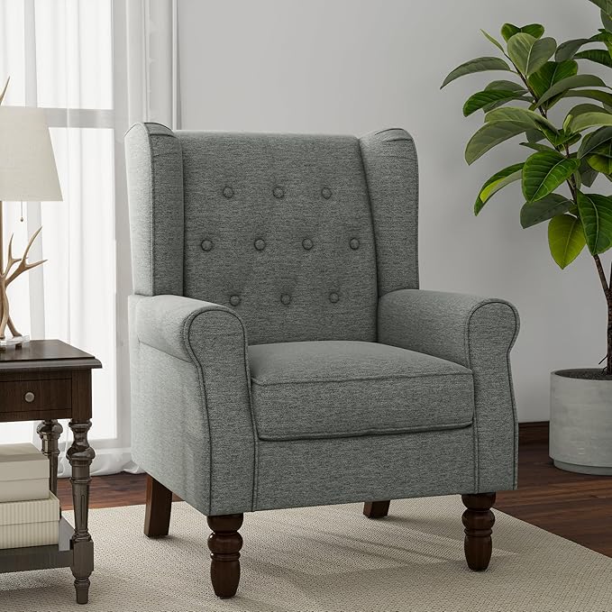 Lumibee High Back Accent Chair,Upholstered Wingback Armchair with Solid Wood Legs for Small Spaces,Comfy Single Sofa Chair for Living Room,Bedroom,Office-Gray
